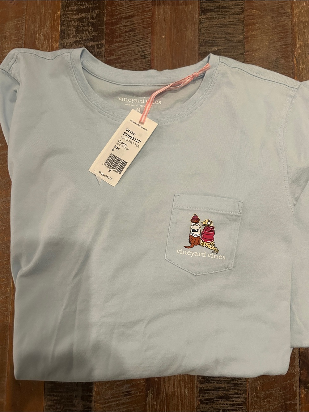 Vineyard Vines woman’s Pastel Blue Pocket Tee with Embroidered Characters